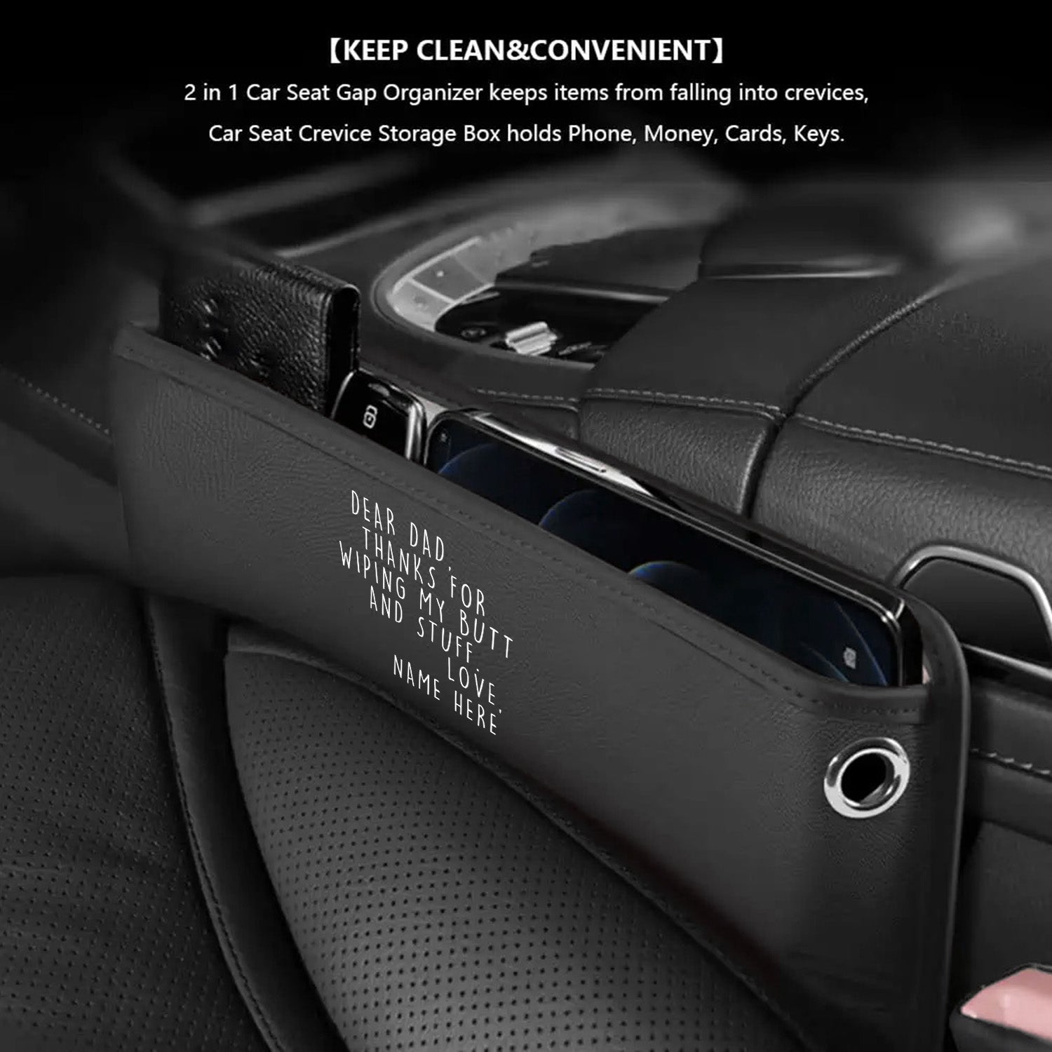 Personalized Car Seat Gap Filler Organizer, Happy Father's Day, Custom FIt For Your Cars, Multifunctional PU Leather Console Side Pocket Organizer for Cellphones, Cards, Wallets, Keys, Gift for Daddy - Delicate Leather