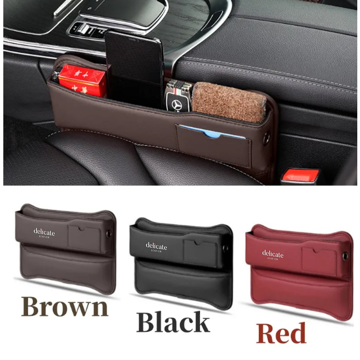 Car Seat Gap Filler Organizer, Custom For Your Cars, Multifunctional PU Leather Console Side Pocket Organizer for Cellphones, Cards, Wallets, Keys - Delicate Leather