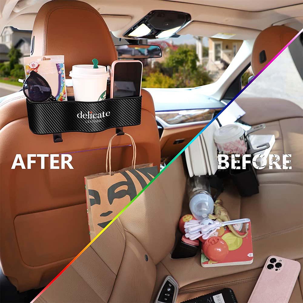 Car Headrest Backseat Organizer with Cup Holders, Custom For Your Cars, Seat Back Organizer Perfect for Eating in Your Car, Back Seat Organizer for Kids, Car Food Table or Sauce Holder, Car Accessories JG11994 - Delicate Leather