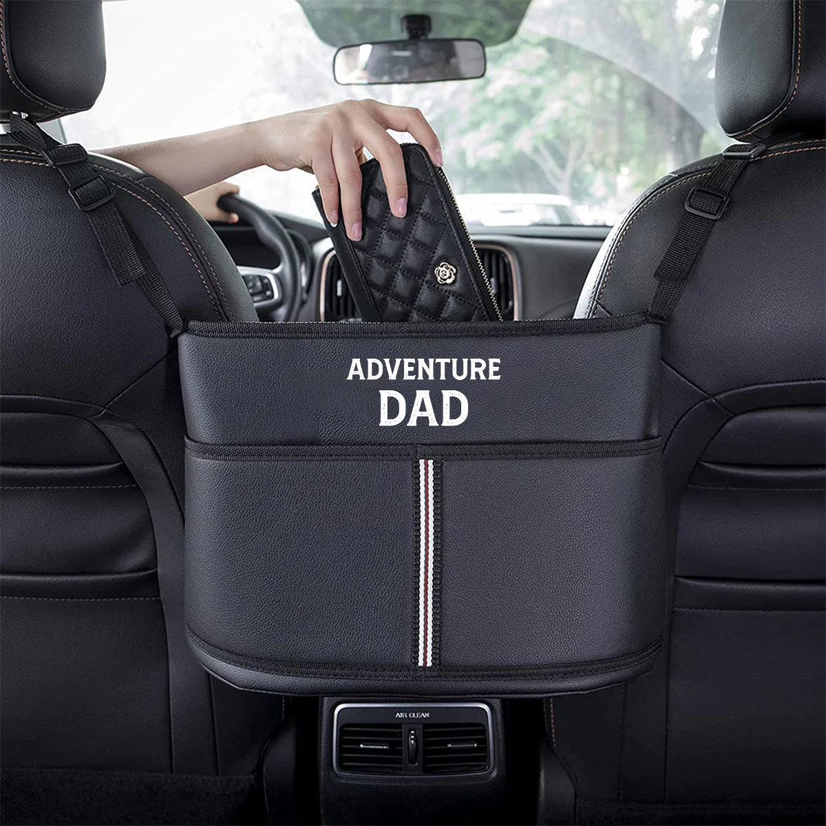 Car Purse Holder for Car Handbag Holder Between Seats Premium PU Leather, Happy Father' s Day, Adventure Dad, Custom Fit For Your Cars, Auto Driver Or Passenger Accessories Organizer, Hanging Car Purse Storage Pocket Back, Gift for Daddy - Delicate Leather