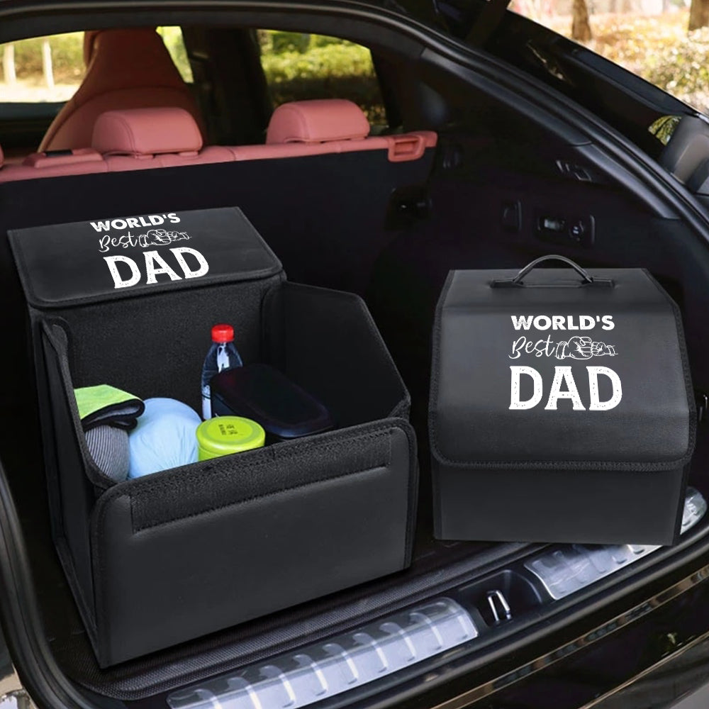 World's Best Dad Foldable Trunk Storage Luggage Organizer Box, Custom-Fit For Car, SUV Trunk Organizer Van Cargo Carrier Caddy for Shopping, Camping Picnic, Home Garage, Father's Day Gift - Delicate Leather