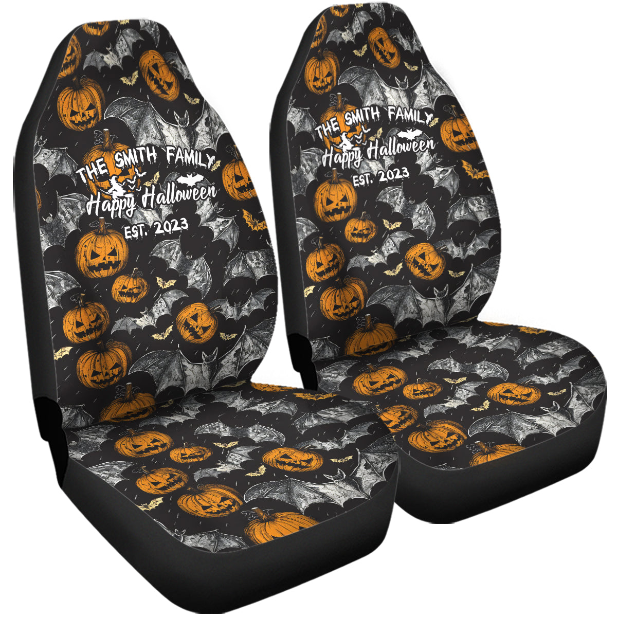 Personalized Halloween Family Sign Car Seat Covers, Happy Halloween Custom For Your Cars, Car Bucket Seat Protection Airbag Compatible 2 PCS, Car Accessories, Halloween 09 - Delicate Leather