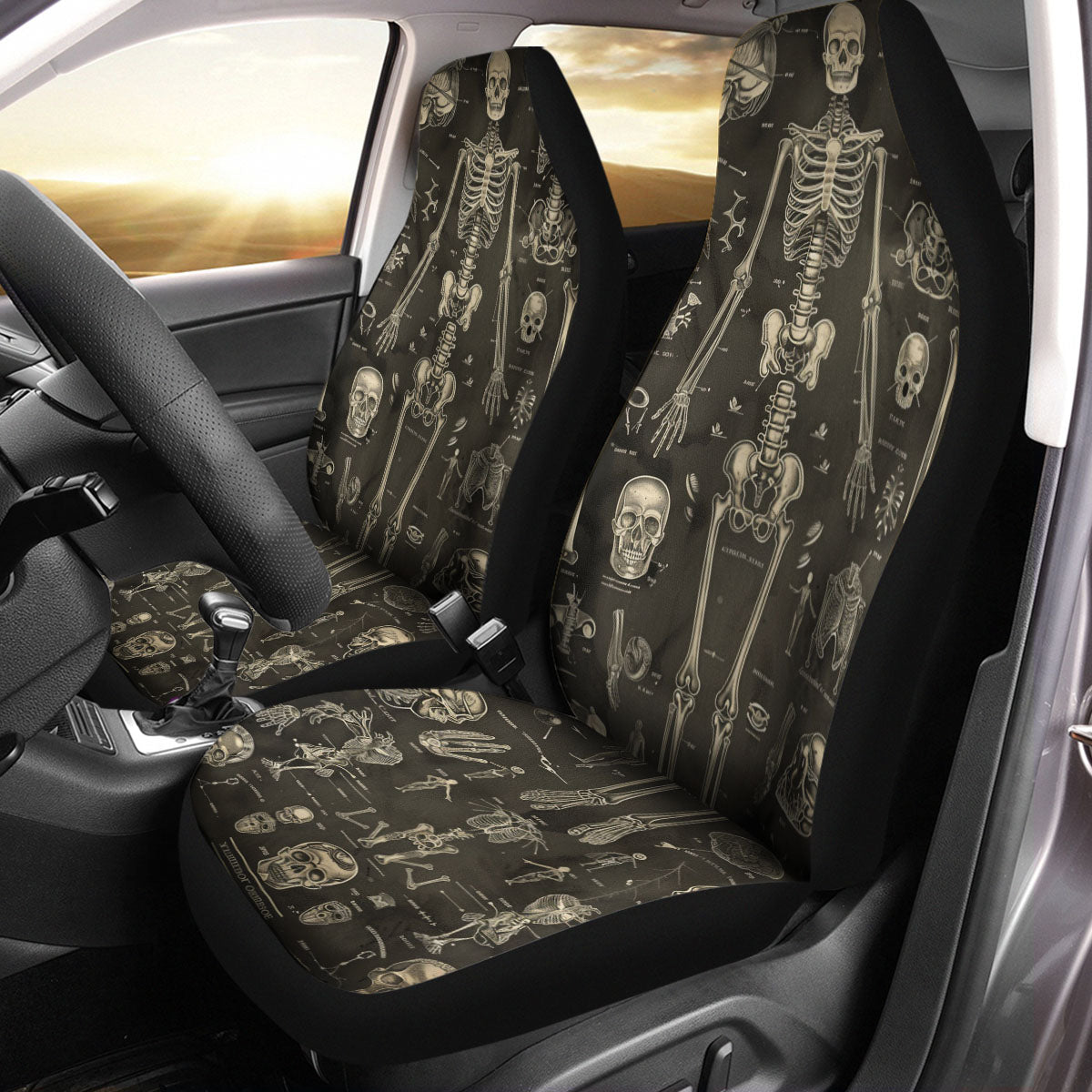 Black Gothic Human Bones and Anatomy Car Seat Covers, Happy Halloween Custom For Your Cars, Car Bucket Seat Protection Airbag Compatible 2 PCS, Car Accessories, Halloween 03 - Delicate Leather
