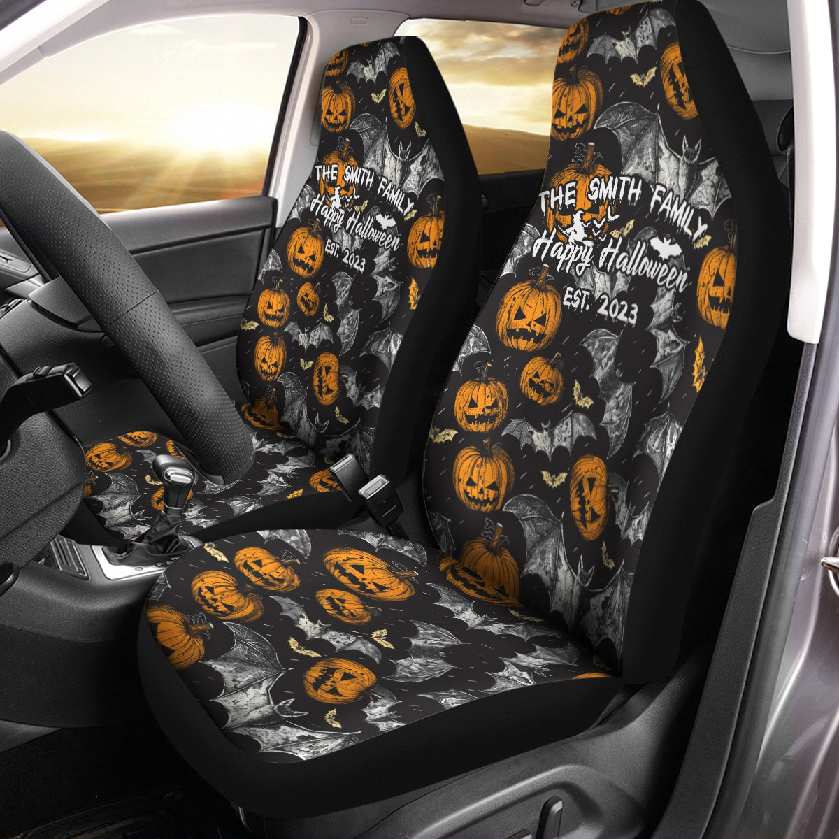 Personalized Halloween Family Sign Car Seat Covers, Happy Halloween Custom For Your Cars, Car Bucket Seat Protection Airbag Compatible 2 PCS, Car Accessories, Halloween 09 - Delicate Leather