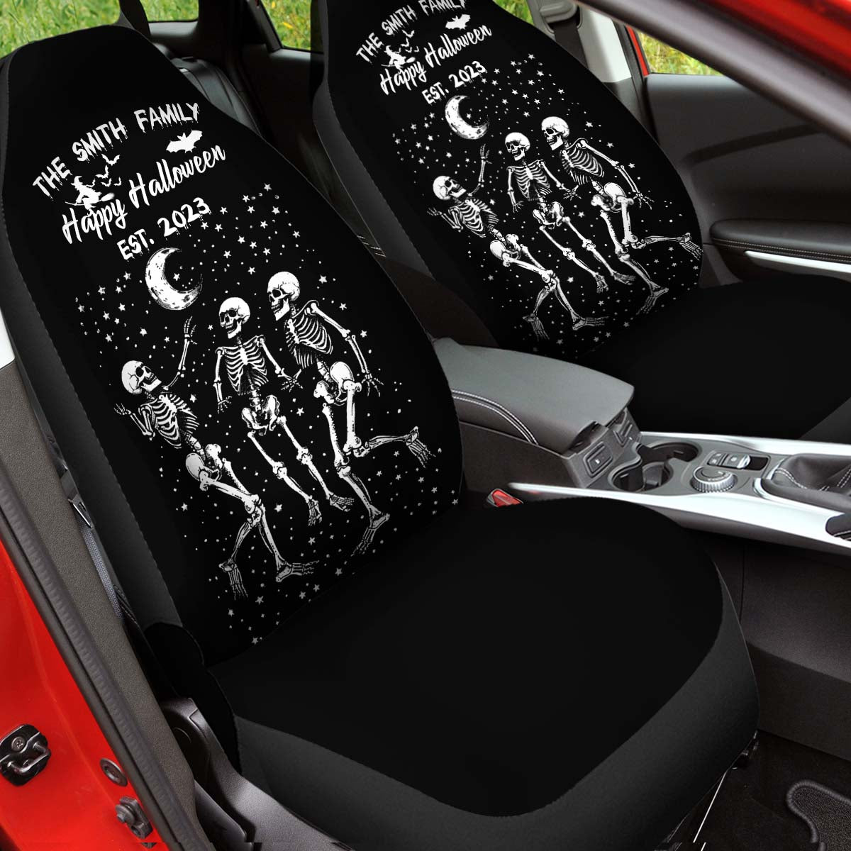Personalized Halloween Family Sign Car Seat Covers, Happy Halloween Custom For Your Cars, Car Bucket Seat Protection Airbag Compatible 2 PCS, Car Accessories, Halloween 02 - Delicate Leather