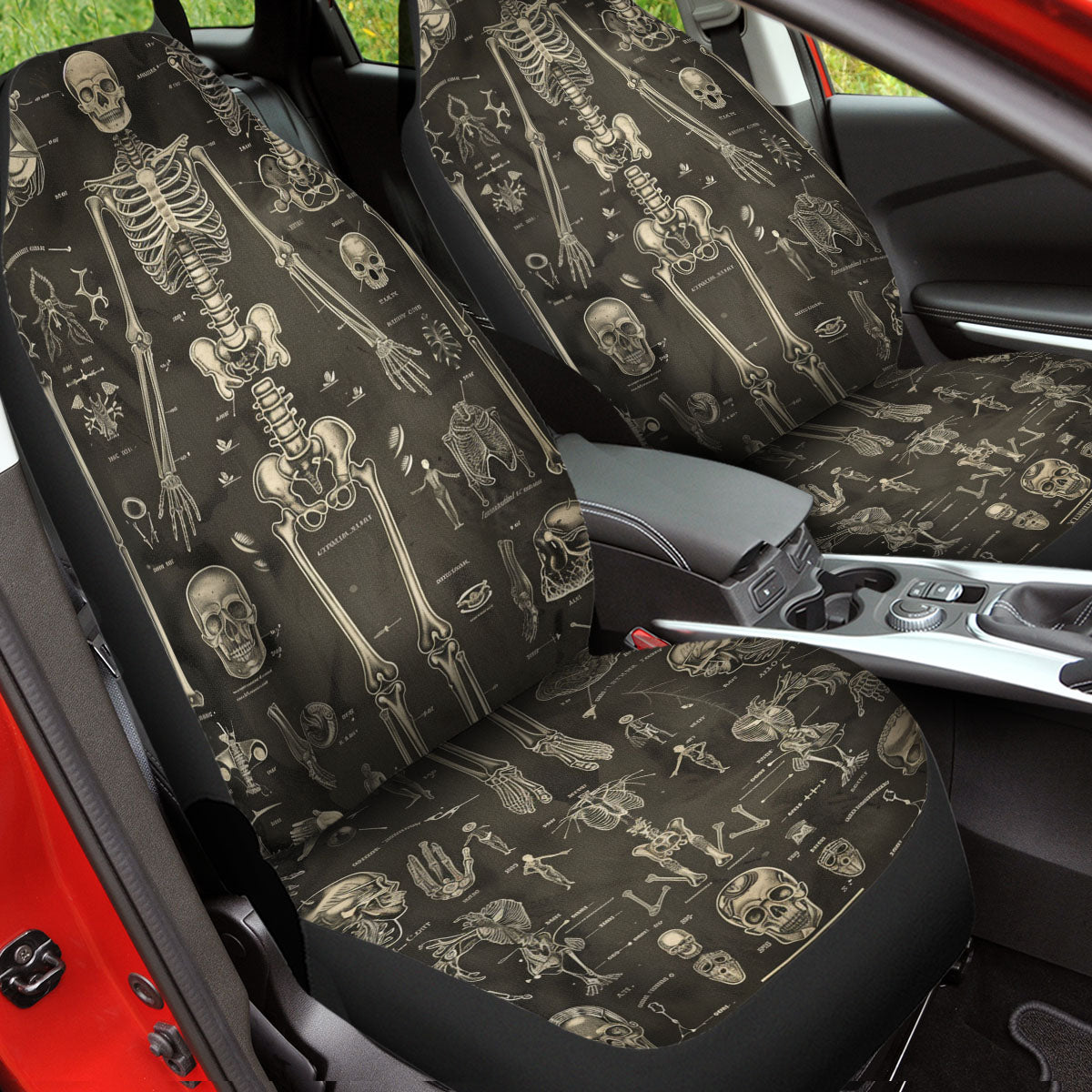 Black Gothic Human Bones and Anatomy Car Seat Covers, Happy Halloween Custom For Your Cars, Car Bucket Seat Protection Airbag Compatible 2 PCS, Car Accessories, Halloween 03 - Delicate Leather