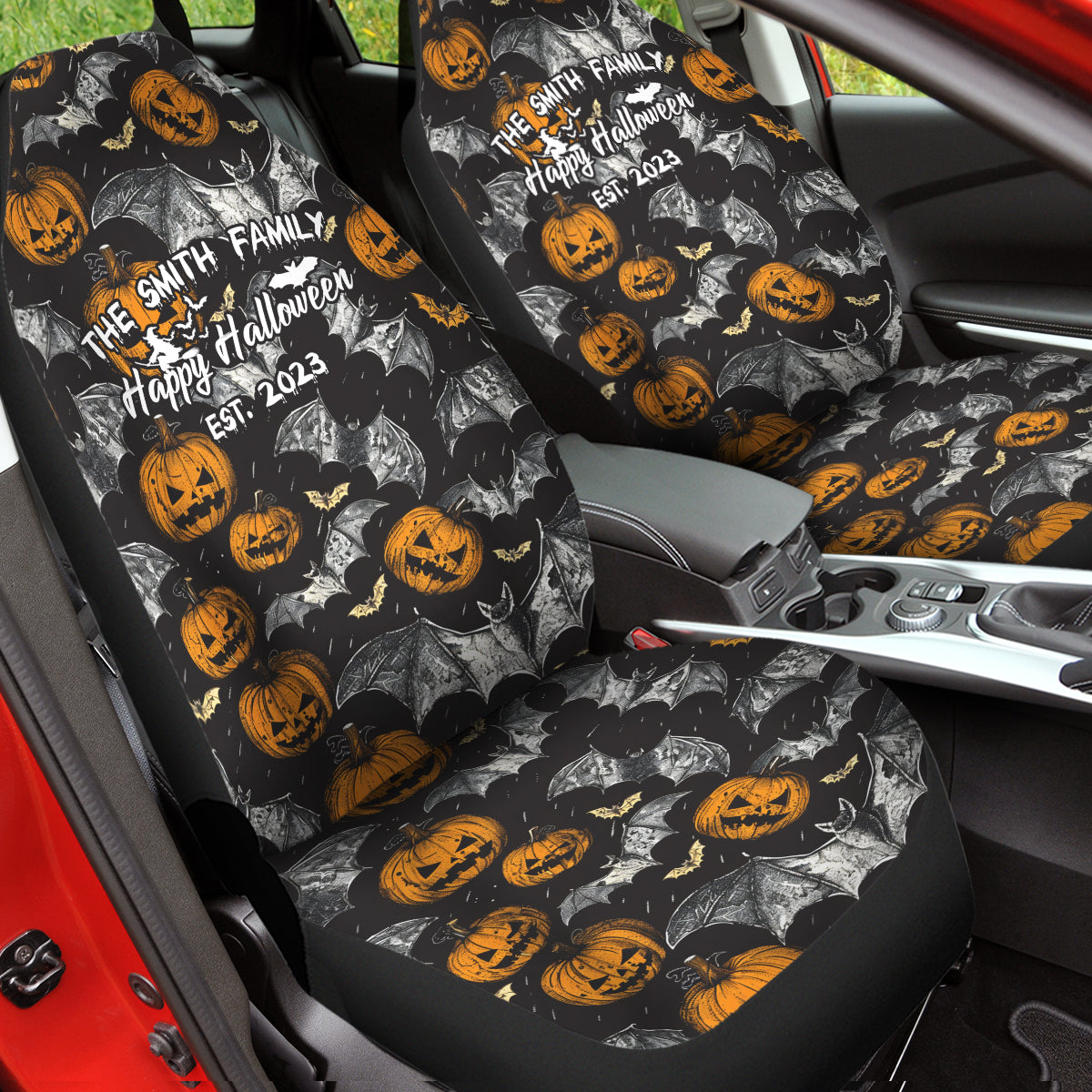 Personalized Halloween Family Sign Car Seat Covers, Happy Halloween Custom For Your Cars, Car Bucket Seat Protection Airbag Compatible 2 PCS, Car Accessories, Halloween 09 - Delicate Leather
