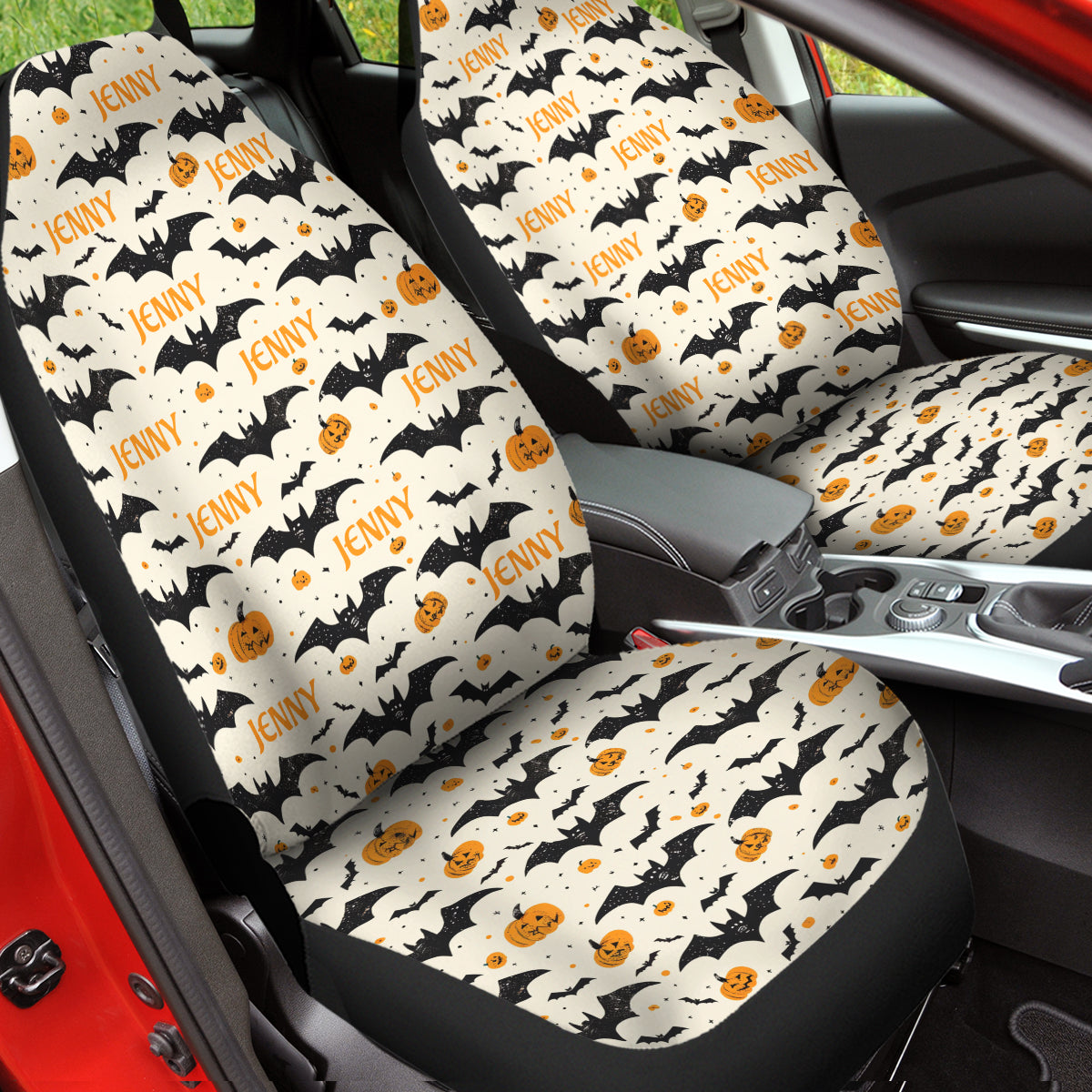 Personalized Happy Halloween Car Seat Covers, Bats Swarm Custom For Your Cars, Car Bucket Seat Protection Airbag Compatible 2 PCS, Car Accessories, Halloween 10 - Delicate Leather