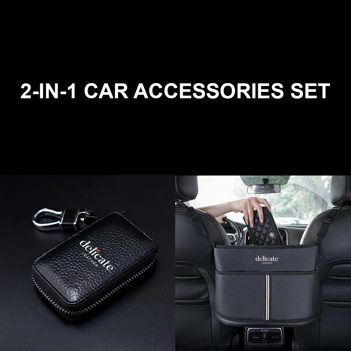 2-in-1 Car Accessories Set! This set includes a luxurious Hanging Car Purse Storage, and a sleek Car Key Cover