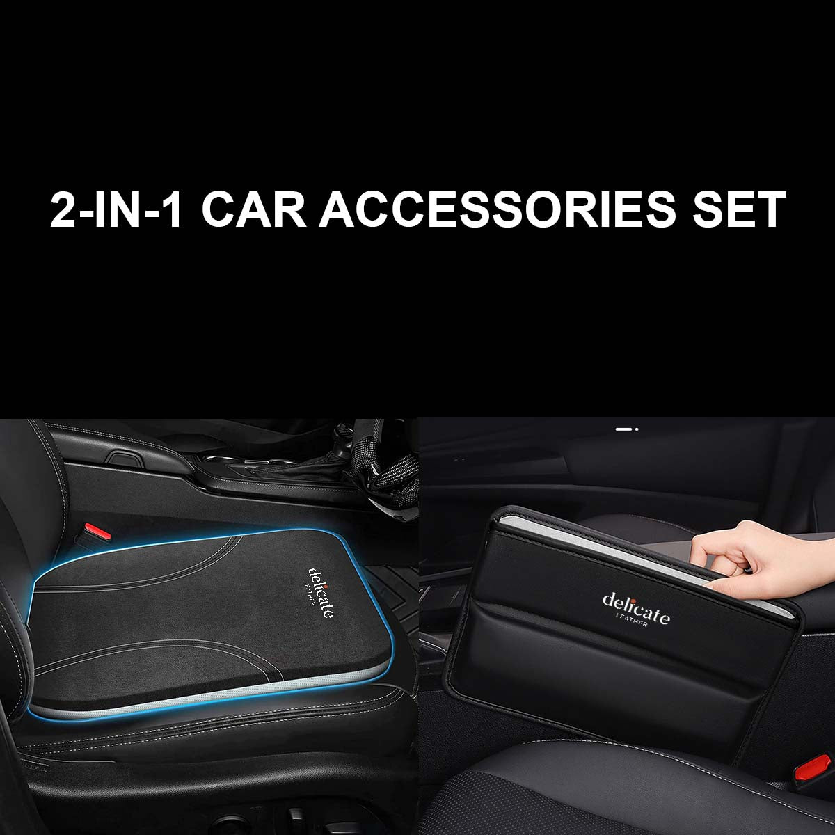 2-in-1 Car Accessories Bundle! This set includes a luxurious Car Seat Cushion, and a handy Car Seat Gap Filler Organizer