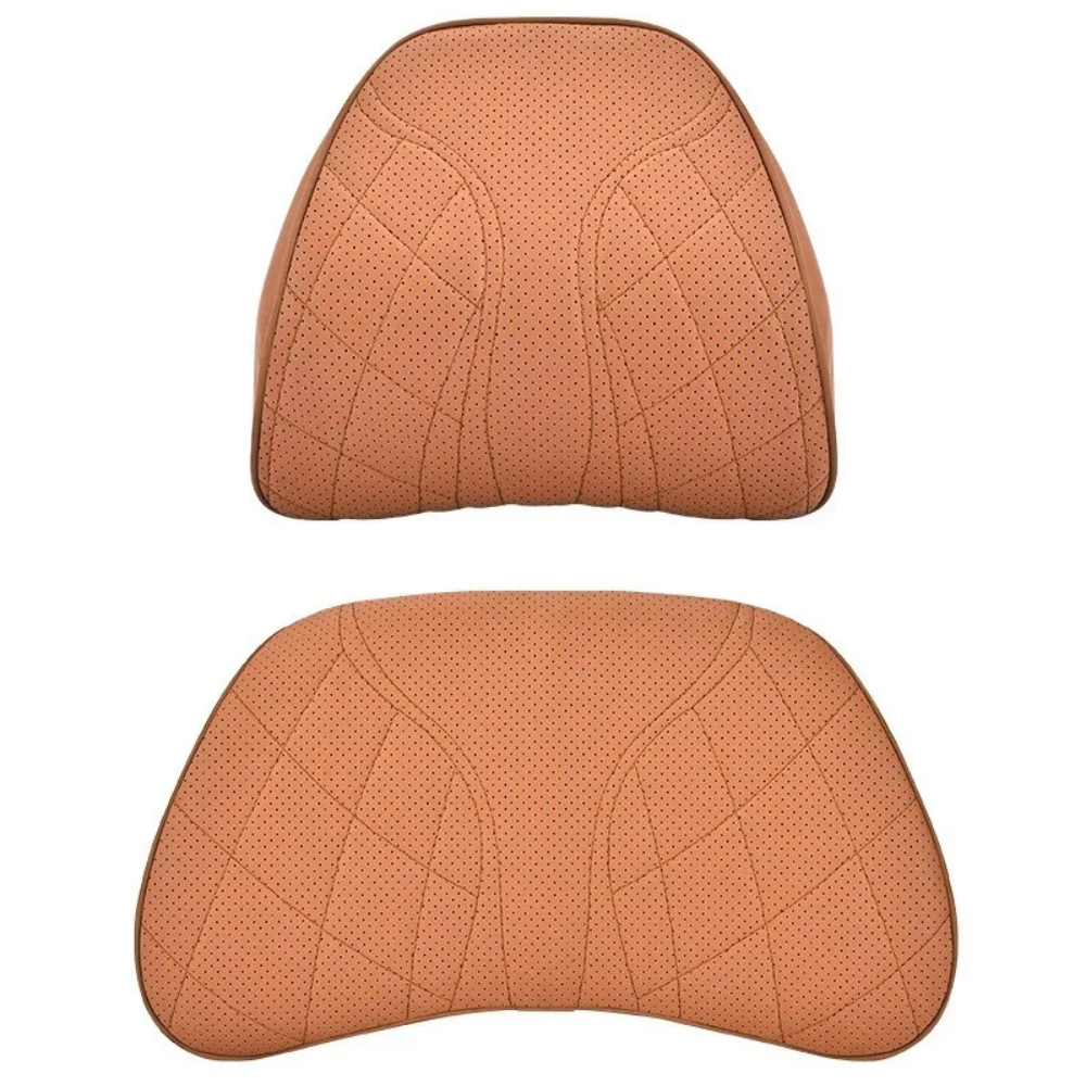 Memory Foam Car Neck & Lumbar Pillow Set – Nappa Leather Headrest and Waist Support - Delicate Leather