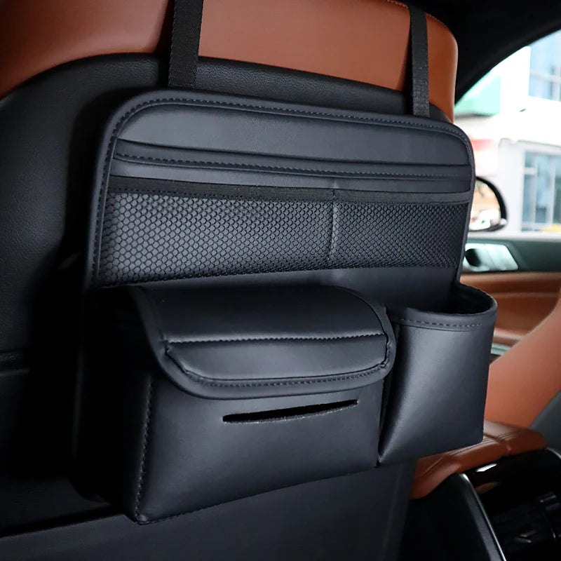 PU Leather Car Seat Back Organizer - Multifunctional Large Capacity Storage Bag with Tissue Holder and Auto Accessories - Delicate Leather