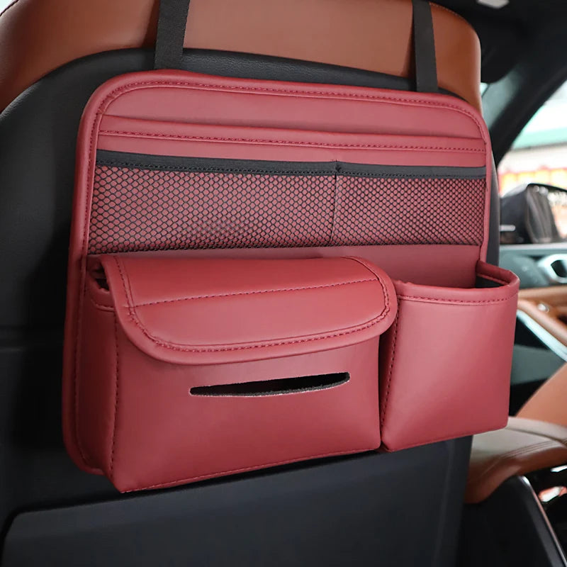 PU Leather Car Seat Back Organizer - Multifunctional Large Capacity Storage Bag with Tissue Holder and Auto Accessories - Delicate Leather