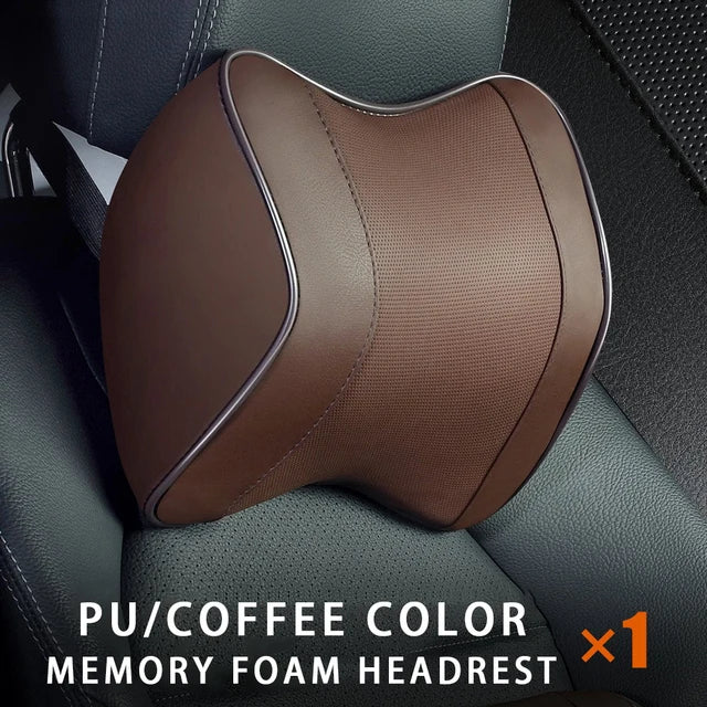 PU Leather Headrest Pillow: Universal Car Neck Support Cushion Set with Breathable Memory Foam Lumbar Pillow and Guard - Delicate Leather