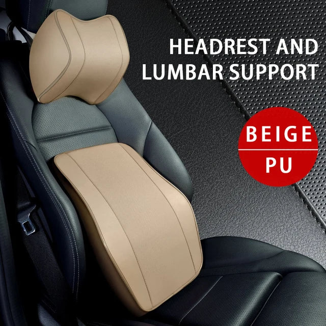 PU Leather Headrest Pillow: Universal Car Neck Support Cushion Set with Breathable Memory Foam Lumbar Pillow and Guard - Delicate Leather