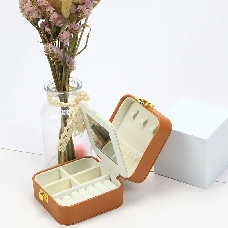 PU Leather Portable Double Layer Jewelry Storage Box with Mirror - Delicate Leather
