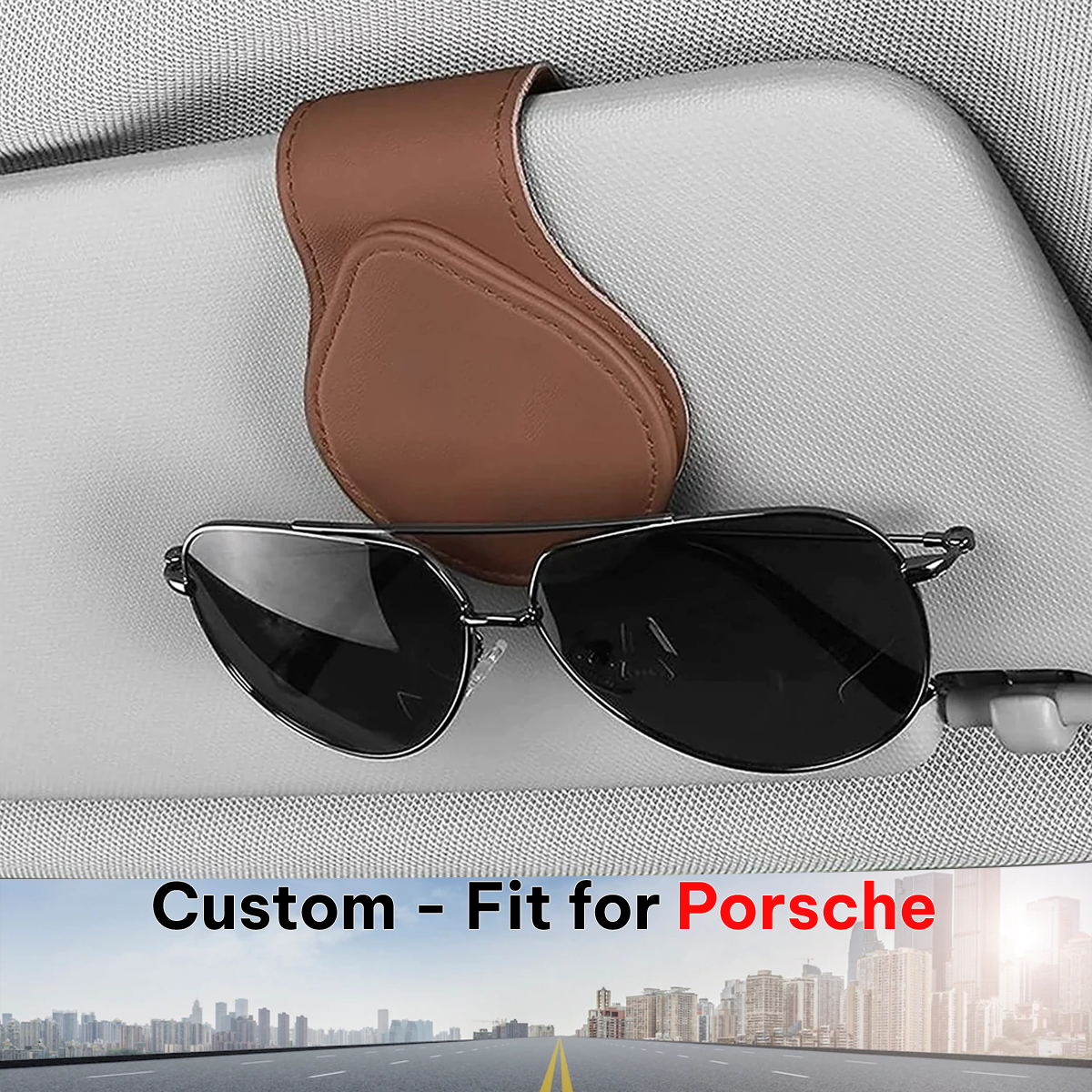 Car Sunglasses Holder, Custom-Fit For Porsche, Magnetic Leather Glasses Frame 2024 Update DLRL230 - Delicate Leather