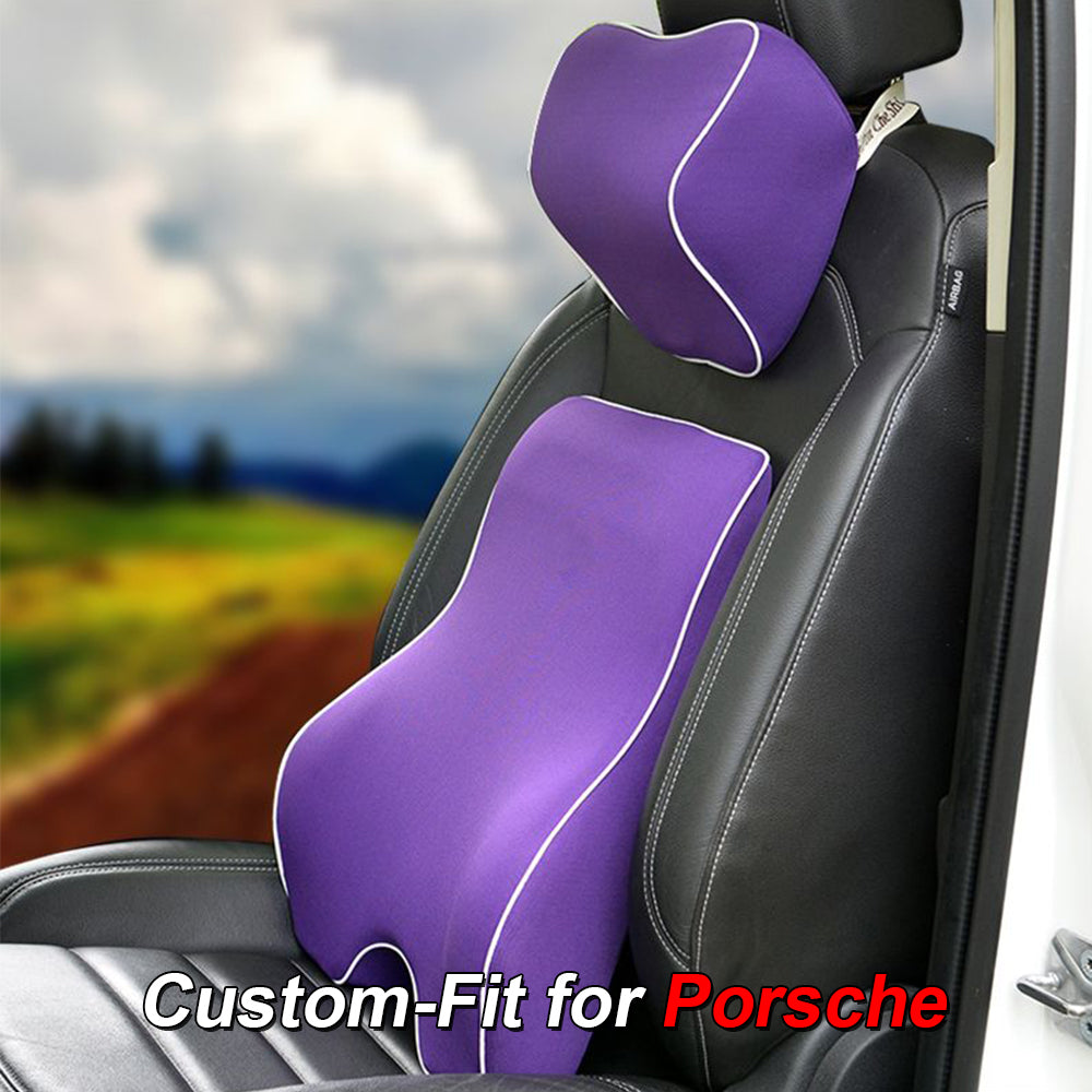 Lumbar Support Cushion for Car and Headrest Neck Pillow Kit, Custom-Fit For Porsche, Ergonomically Design for Car Seat, Car Accessories DLRL254 - Delicate Leather
