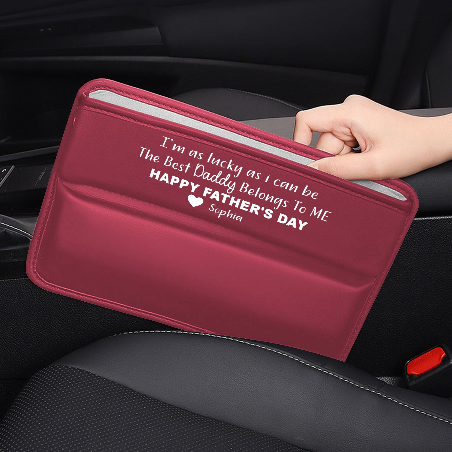 Personalized Car Seat Gap Filler Organizer, Happy Father's Day, Custom FIt For Your Cars, Multifunctional PU Leather Console Side Pocket Organizer for Cellphones, Cards, Wallets, Keys, Gift for Daddy - Delicate Leather