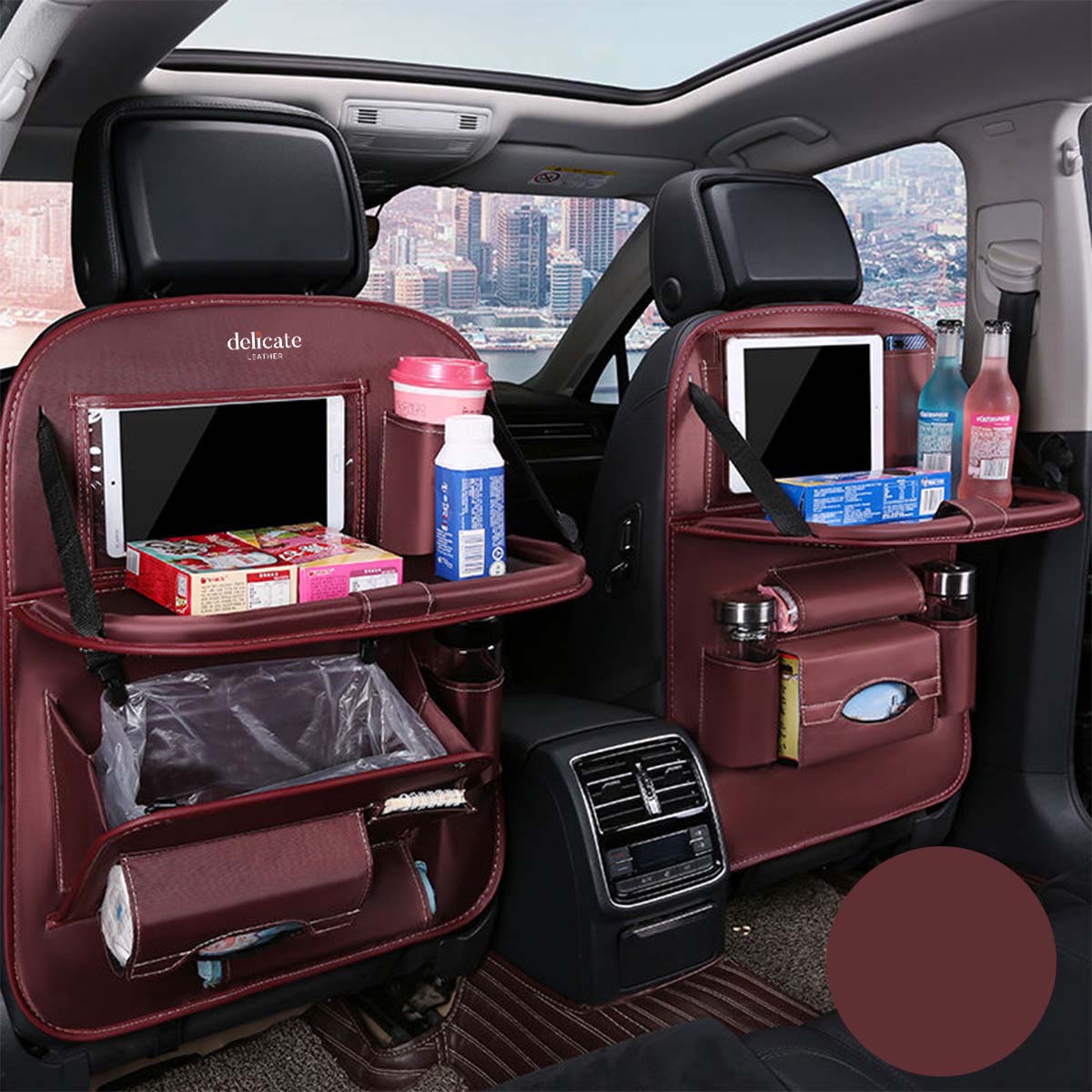 Backseat Organizer With Tablet Holder PU Leather, Custom Fit For Your Cars, Backseat Car Organizer, Car Seat Back Protectors Kick With Foldable Table Tray Car Seat Organizer, Car Accessories CA15987 - Delicate Leather