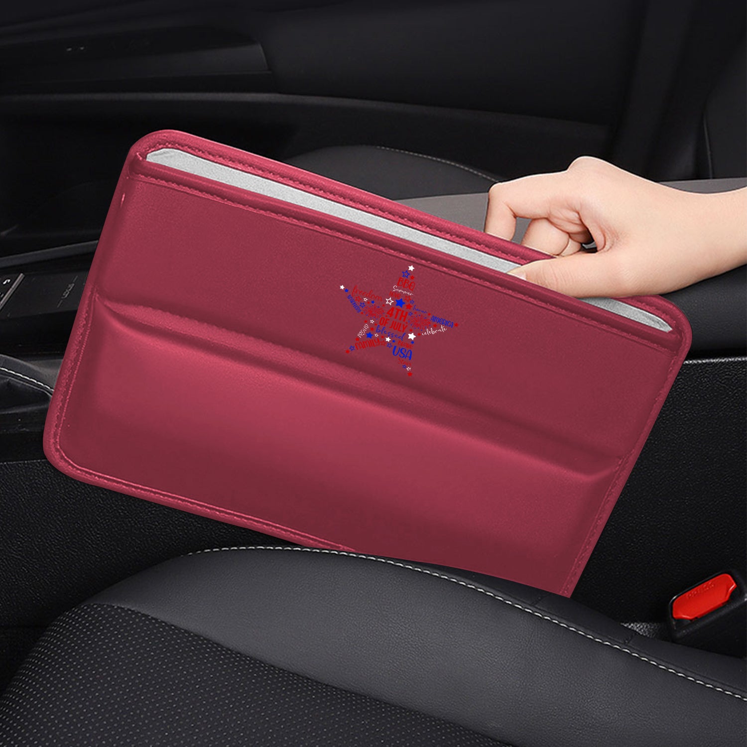 Fourth of July Car Seat Gap Filler Organizer, Custom-Fit For Car, Multifunctional PU Leather Console Side Pocket Organizer for Cellphones, Cards, Wallets, Keys, American Flag Star 07 - Delicate Leather