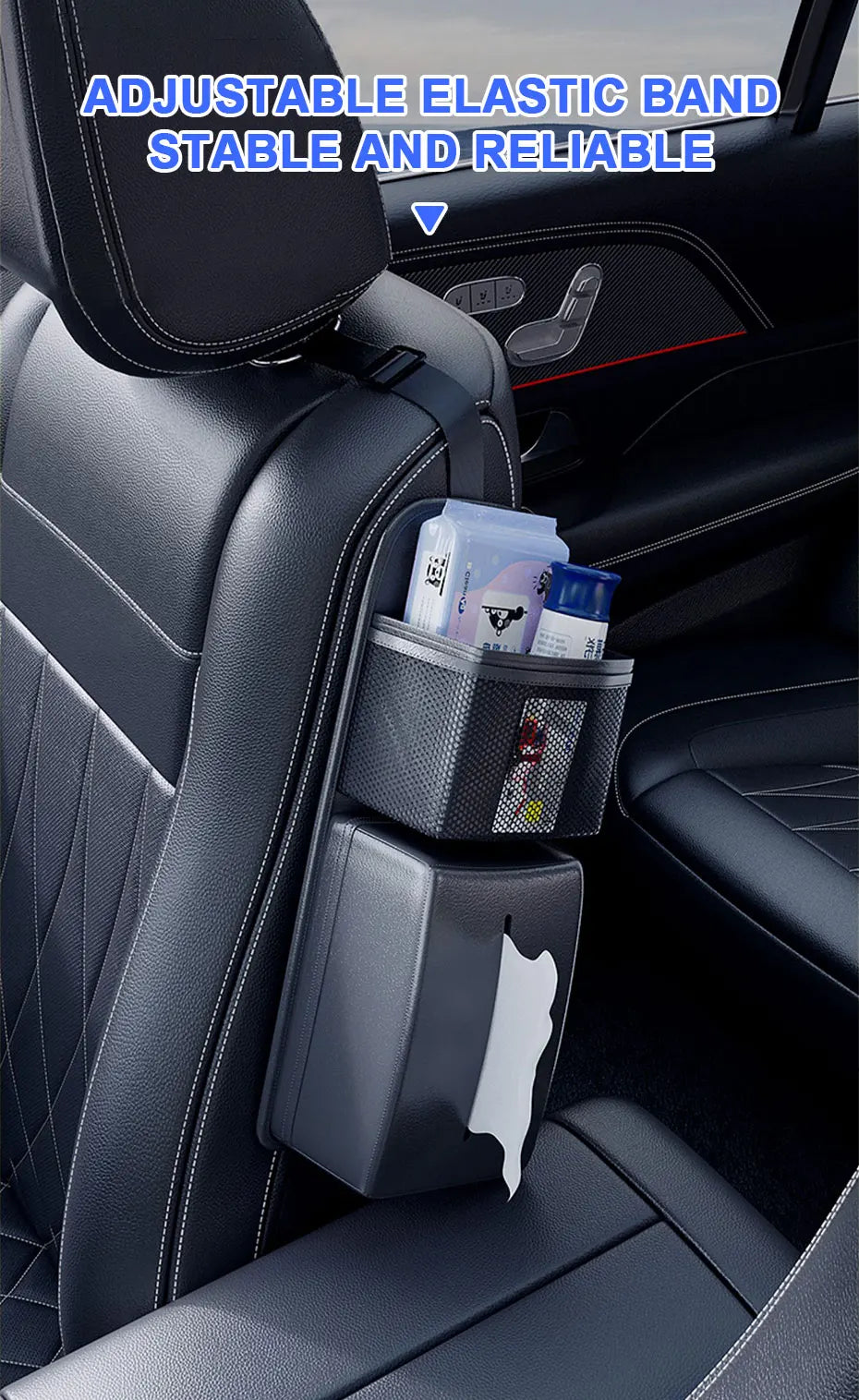 Leather Car Seat Side Storage Bag - Multifunctional Zipper Storage Bag with Mesh Pocket and Tissue Case for Car Accessories - 1 PCS - Delicate Leather