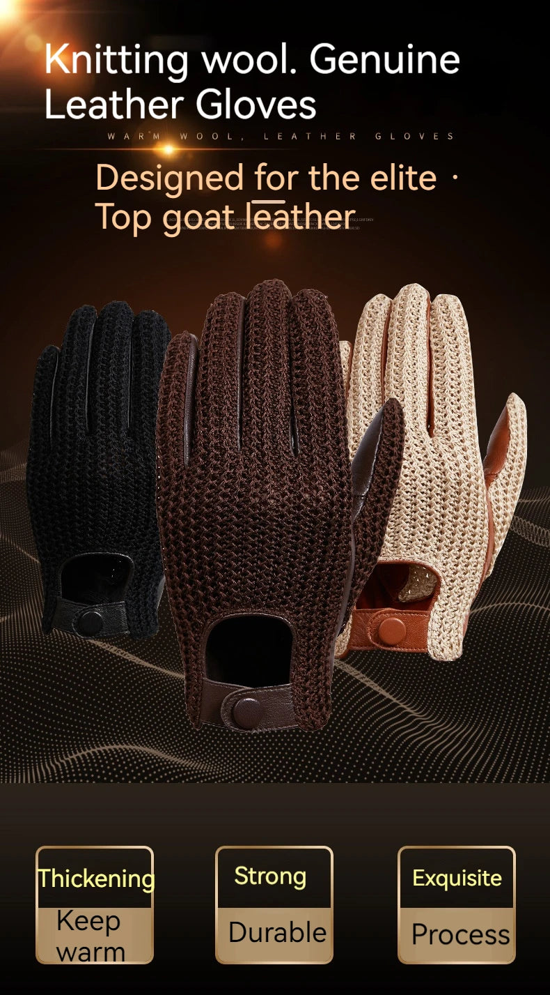 Autumn and Winter Men's Knitted Wool Motorbike Leather Driving Gloves - Delicate Leather