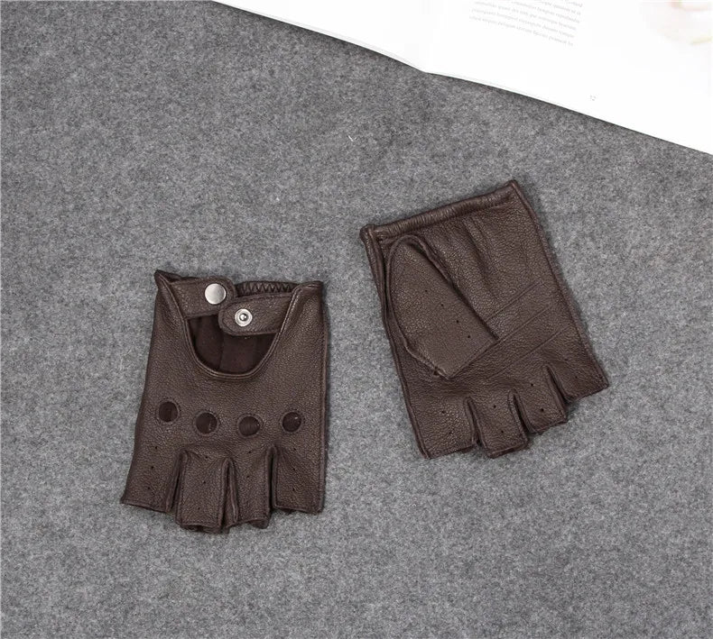 Leather Half Finger Gloves - Men's Fitness, Thin Sports, Non-slip Driving, Motorcycle, Bike, Goatskin Gloves - Delicate Leather
