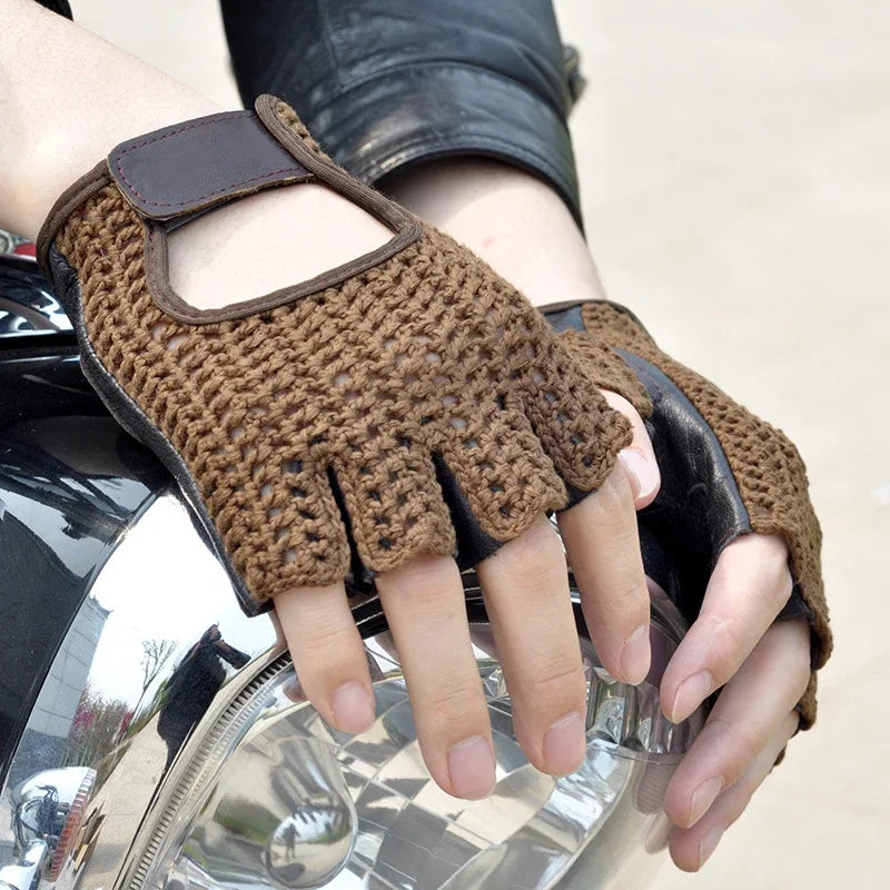 Mesh Half Finger Leather Gloves - Motorcycle Riding, Handguard, Non-slip, Breathable Driving Gloves Accessories - Delicate Leather