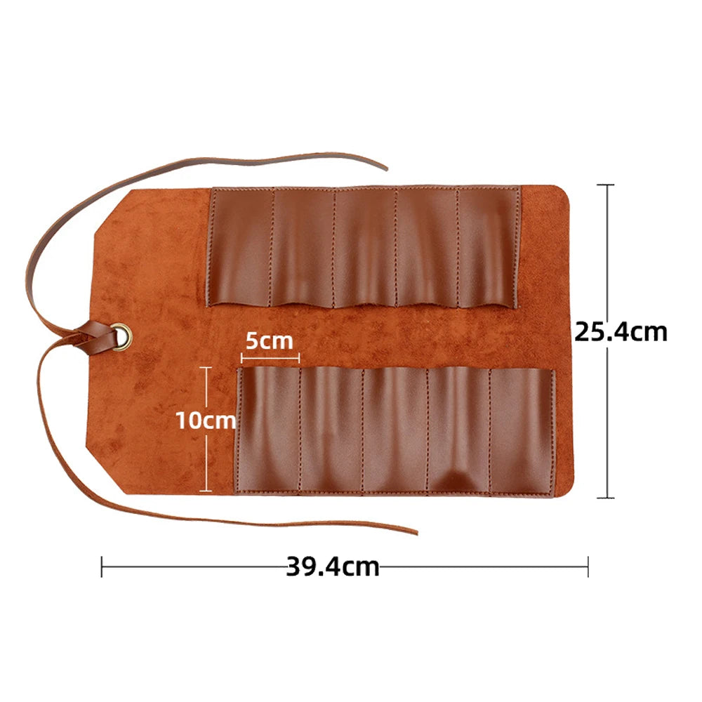 Genuine Leather Roll-Up Tool Bag - Portable Foldable Pouch for Wrench, Spanner, Hammer, and Camping Tools