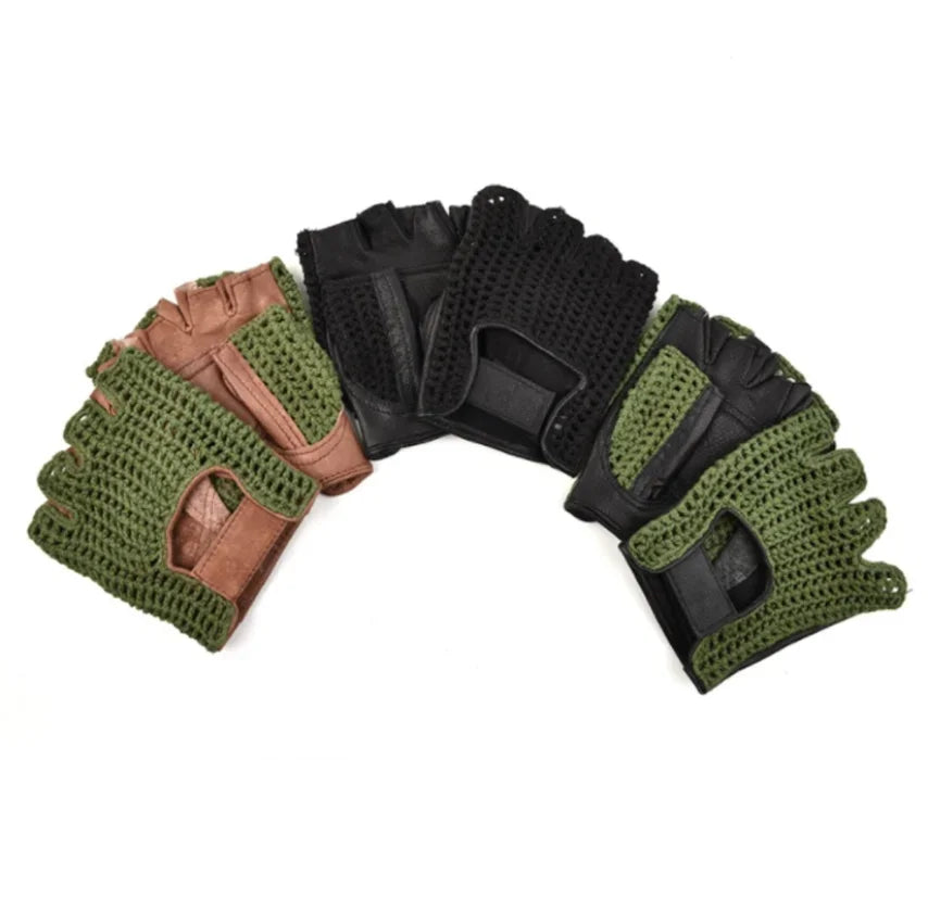 Leather Mesh Fingerless Gloves - Motocross, Fishnet, Car Driving, Tactical, Motorcycle Accessories, Work, Cycling Men's Gloves