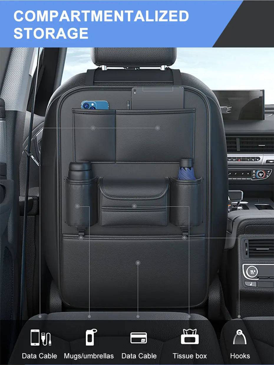 Car Seat Back Storage Bag - Multifunctional Anti-Kick Mats and Large Capacity Organizer Protector Pad, Custom Fit For Your Cars, Car Accessories - Delicate Leather