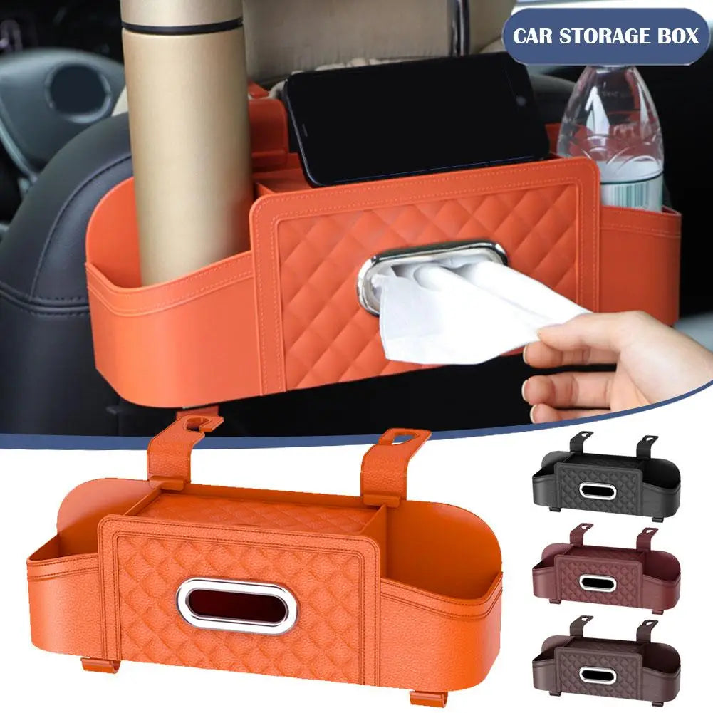 Car Storage Box - Multi-Functional Backseat Organizer with Tissue Box, Cell Phone Holder, and Cup Holder, Custom Fit For Your Cars, Car Accessories - Delicate Leather