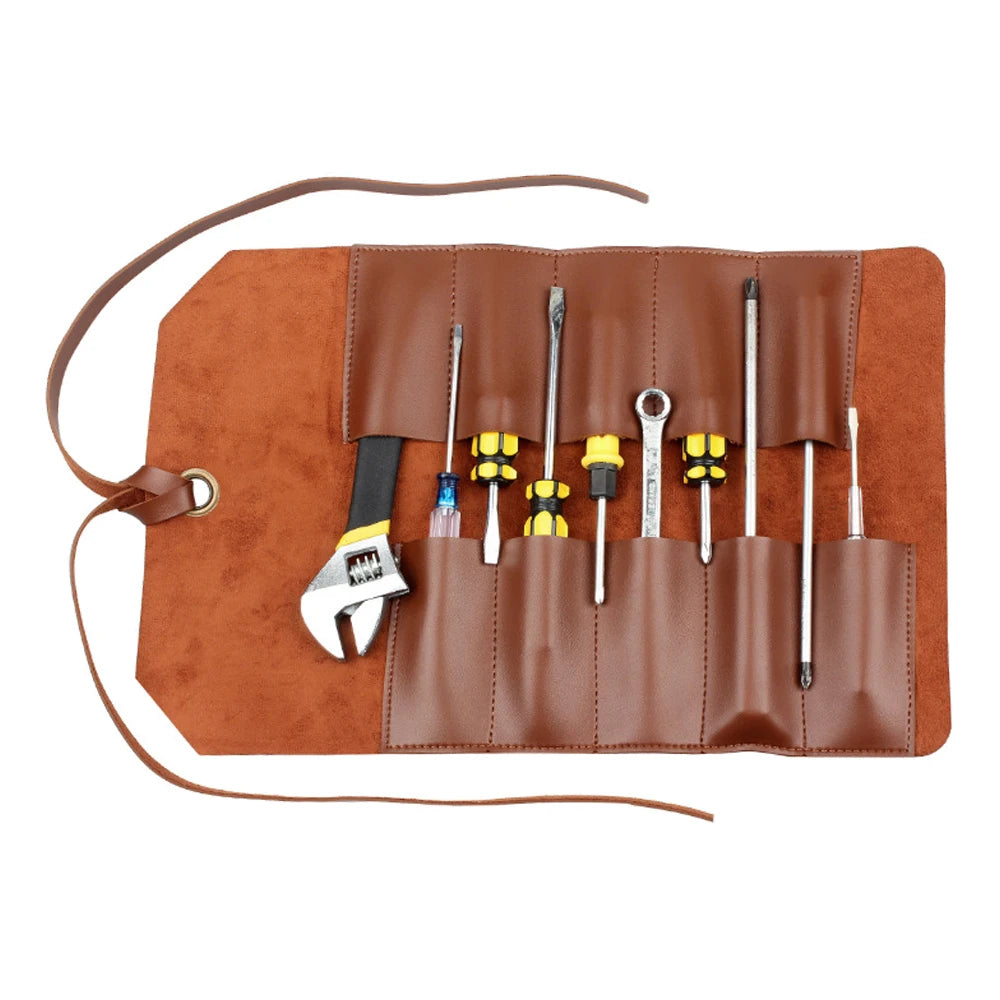 Genuine Leather Roll-Up Tool Bag - Portable Foldable Pouch for Wrench, Spanner, Hammer, and Camping Tools