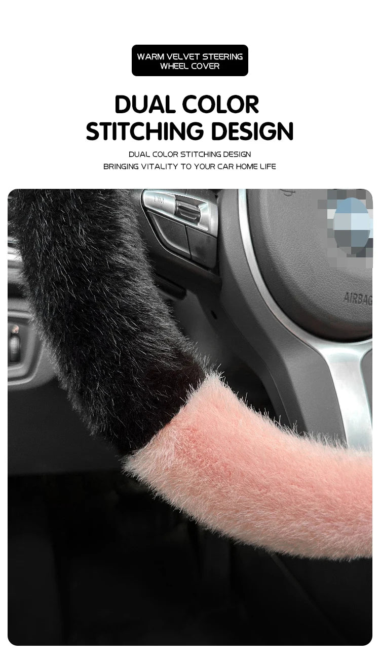 Winter Plush Soft Short Hair Car Steering Wheel Cover - High Density Cute Decoration Steering Wheel Anti Slip Protection Cover - Delicate Leather
