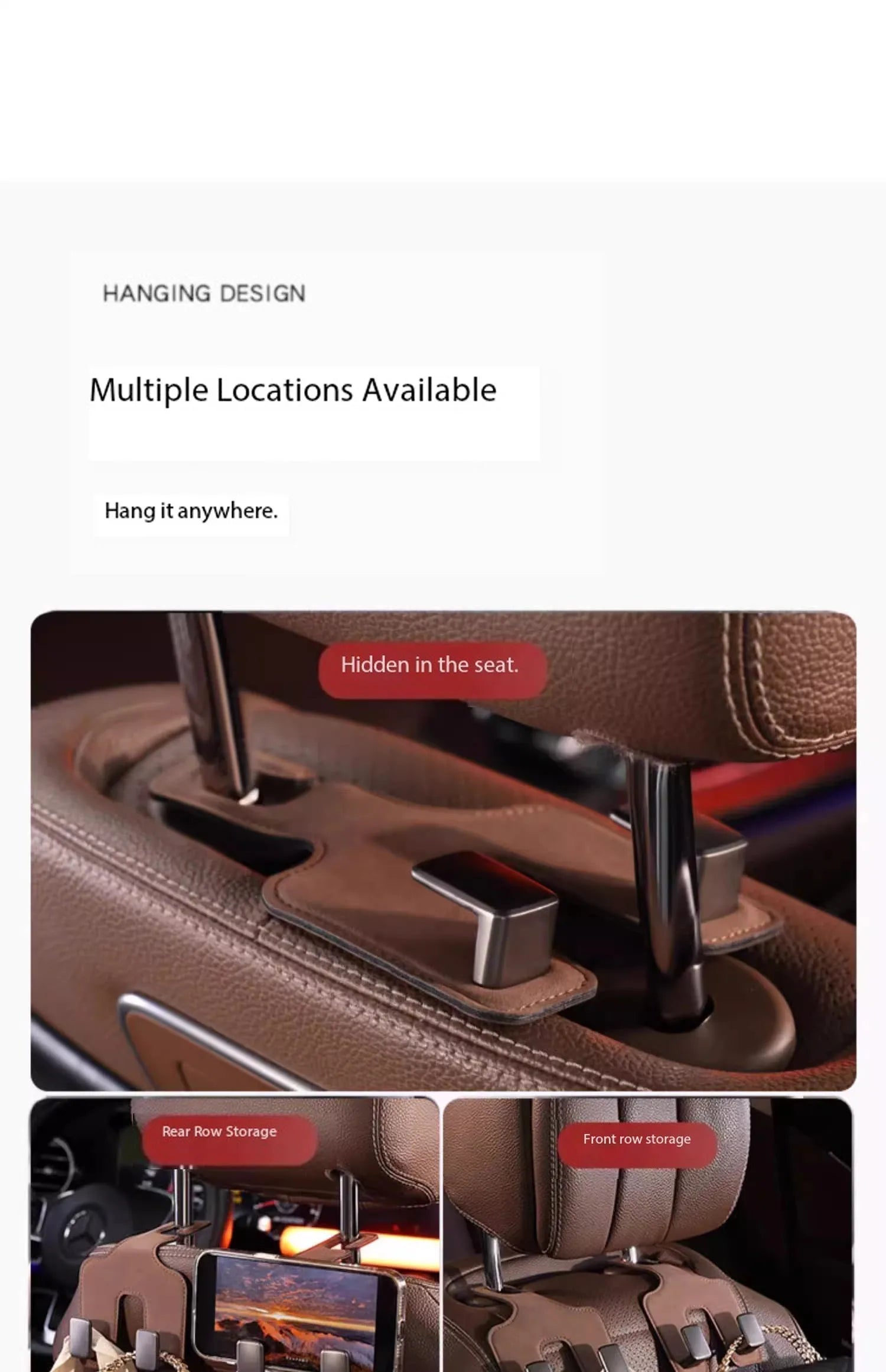 Car Seat Back Hook with Hidden Double Hooks - Upgraded Rear Interior Bag Storage and Small Item Collection - Delicate Leather
