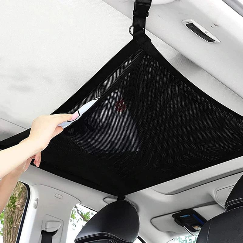 Car Roof Net Storage Bag - Adjustable Double-Layer Zipper Mesh Car Ceiling Cargo Net Pocket for Long Trips - Delicate Leather