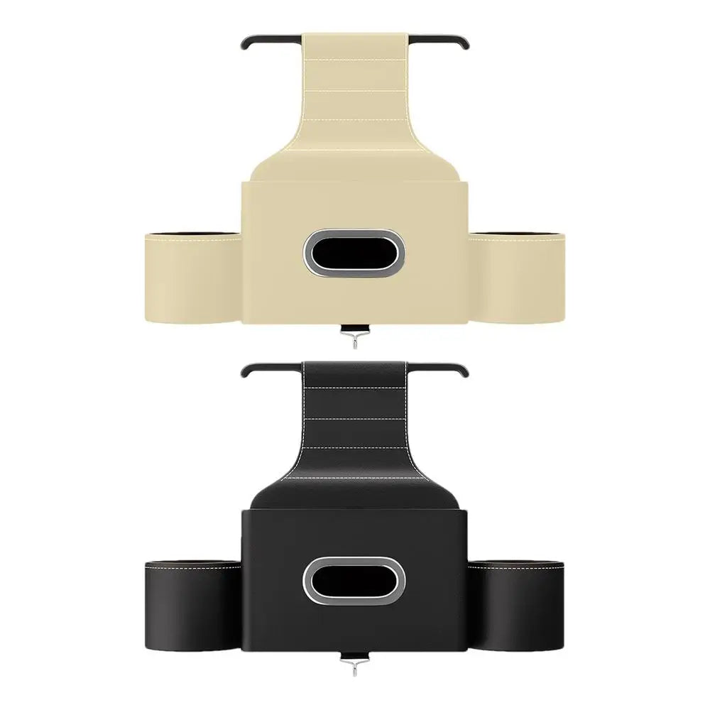 Car Seat Back Tissue Box with 2 Cup Holders and Auto Headrest Hook - 3-in-1 Car Backseat Storage Box Organizer - Delicate Leather