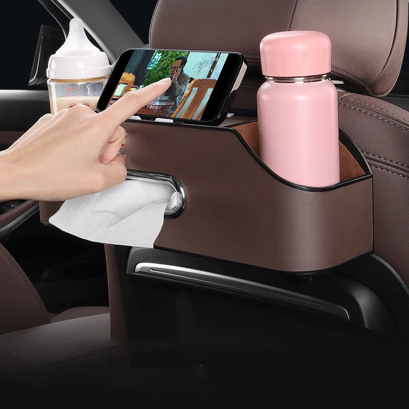 Multifunctional Car Seat Back Organizer with Insulated Cup Holders, Tissue Box, Cell Phone Holders, and Storage Compartments for Clutter-Free Travel - Delicate Leather