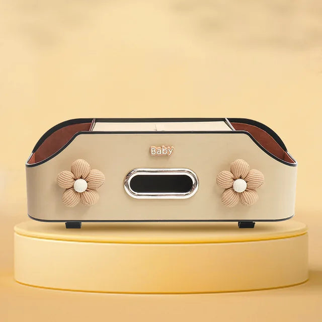 Car Seat Back Storage Rack - Cute Multifunctional Storage Box with Water Cup Holder and Tissue Box - Delicate Leather