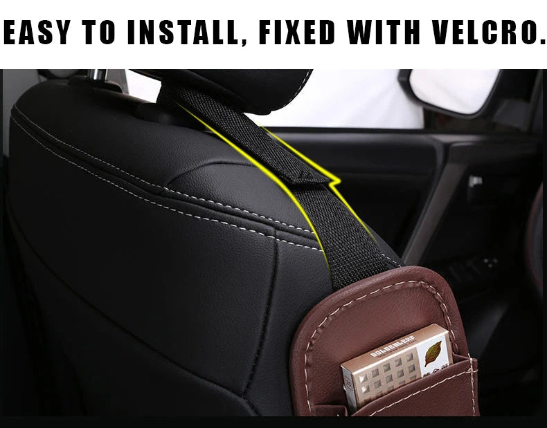 PU Leather Car Seat Side Organizer Bag - Auto Interior Mesh Storage Holder for Cup, Drink, Phone, and More - Delicate Leather