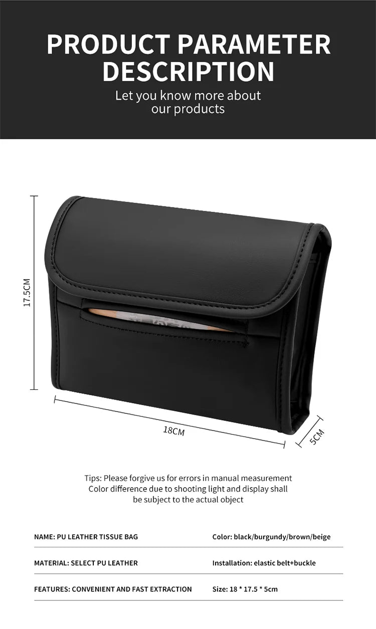 Leather Car Tissue Box Cover for Sun Visor, Seat Back, and Armrest - Suede Texture Tissue Holder for Car Interior - Multi-Position Installation Tissue Storage Case - Available in Red, Brown, and Black - Delicate Leather