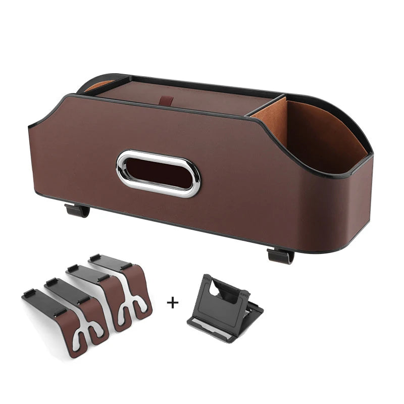 Multifunctional Car Seat Back Organizer with Insulated Cup Holders, Tissue Box, Cell Phone Holders, and Storage Compartments for Clutter-Free Travel - Delicate Leather