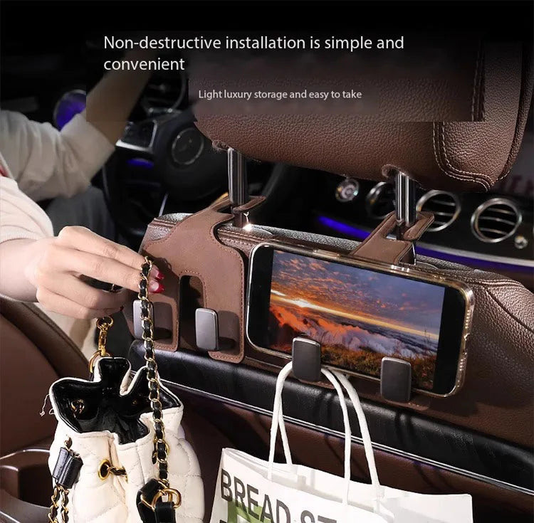 Car Seat Back Hook with Hidden Double Hooks - Upgraded Rear Interior Bag Storage and Small Item Collection - Delicate Leather