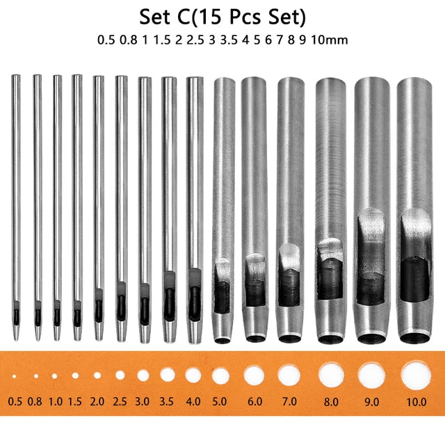 5-15 Pcs Kit Hollow Punch Set - Round Hole Punch Tool for Leather Craft, Fabric, Plastics, Gasket Belt - Delicate Leather