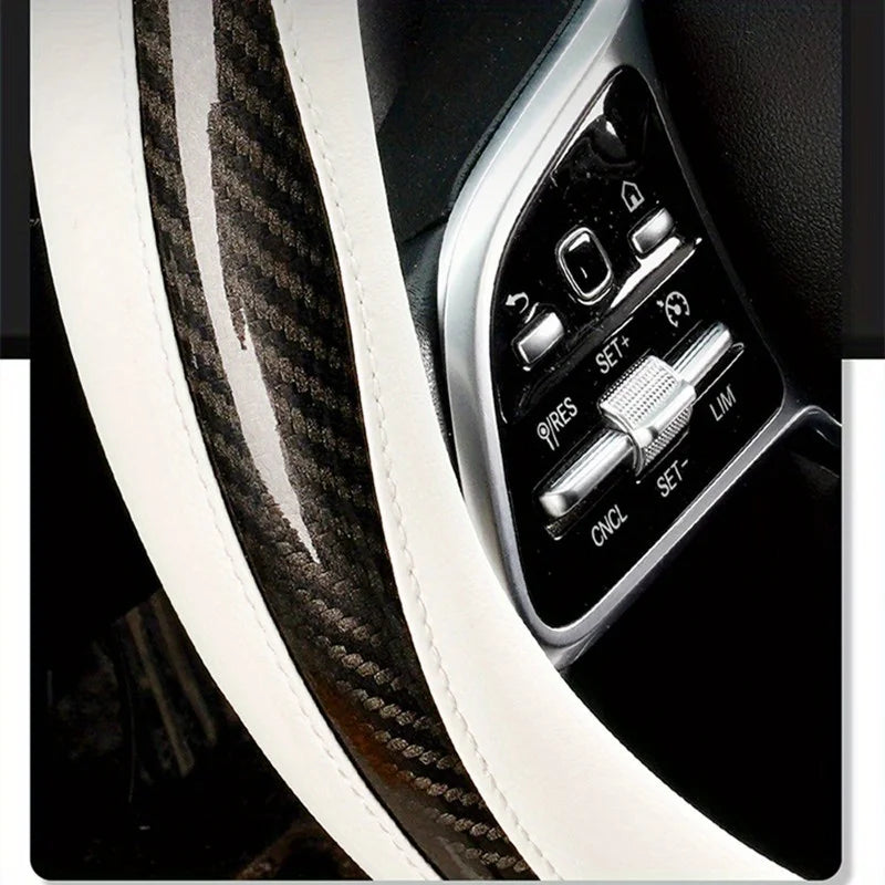 1pc Car Steering Wheel Cover - Breathable Anti-Slip Black and White Carbon Fiber PU Leather Steering Cover