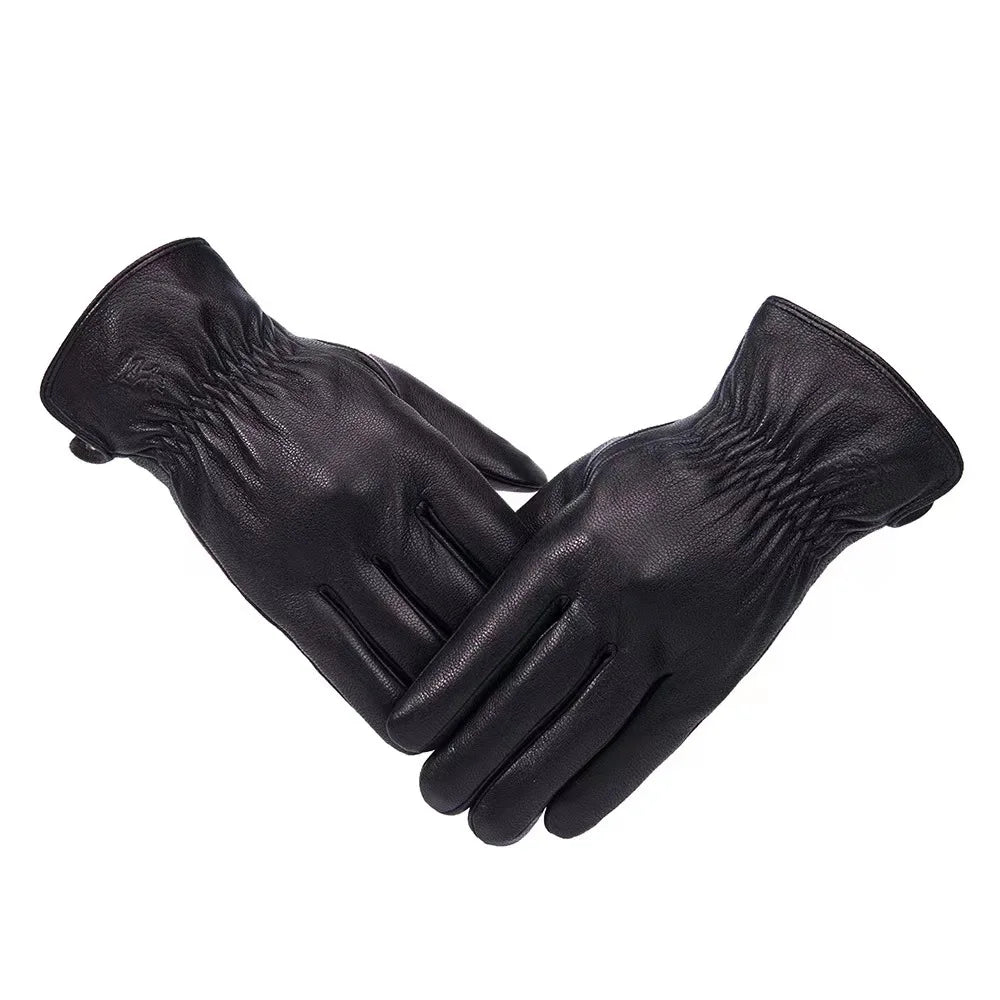 Men's 100% Sheepskin Gloves - Deer Skin Pattern, Warm and Soft Leather Gloves with Plush Lining - Delicate Leather