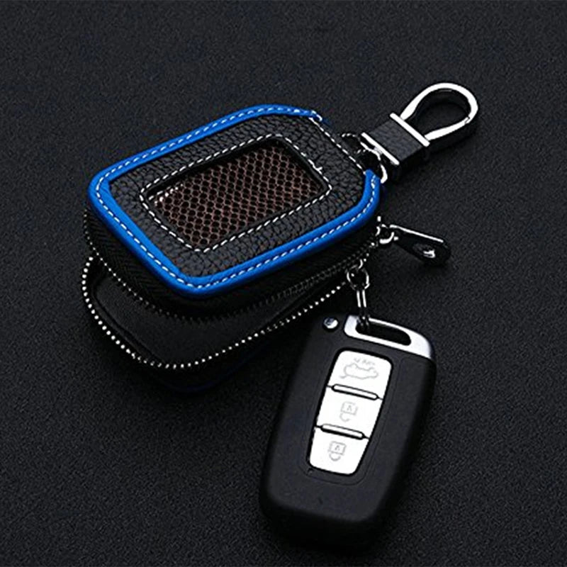 Leather Car Key Case – Anti-Scratch Keychain Cover, Black + Blue - Delicate Leather