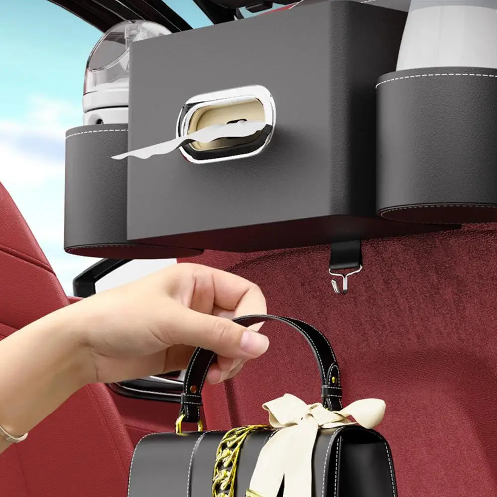 Car Seat Back Tissue Box with 2 Cup Holders and Auto Headrest Hook - 3-in-1 Car Backseat Storage Box Organizer - Delicate Leather