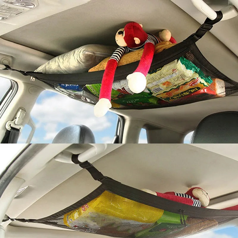 Car Roof Net Storage Bag - Adjustable Double-Layer Zipper Mesh Car Ceiling Cargo Net Pocket for Long Trips - Delicate Leather